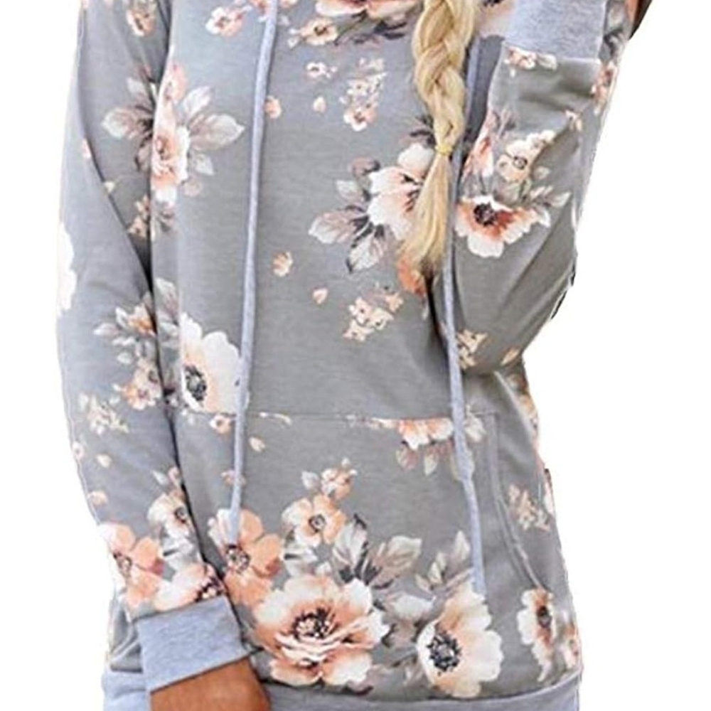 Women’s Floral Hoodie Small Gray Pink Lightweight Pullover Kangaroo Pocket